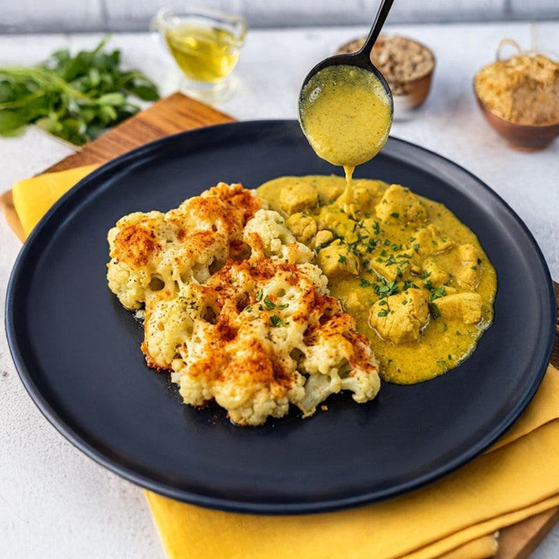 Frango com Açafrão e Couve-Flor Gratinada com Provolone