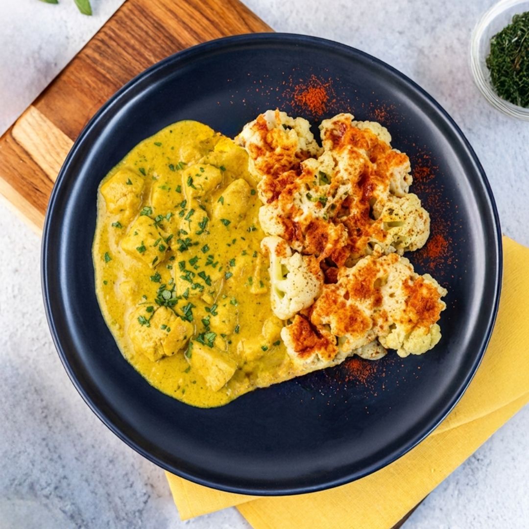 Frango com Açafrão e Couve-Flor Gratinada com Provolone