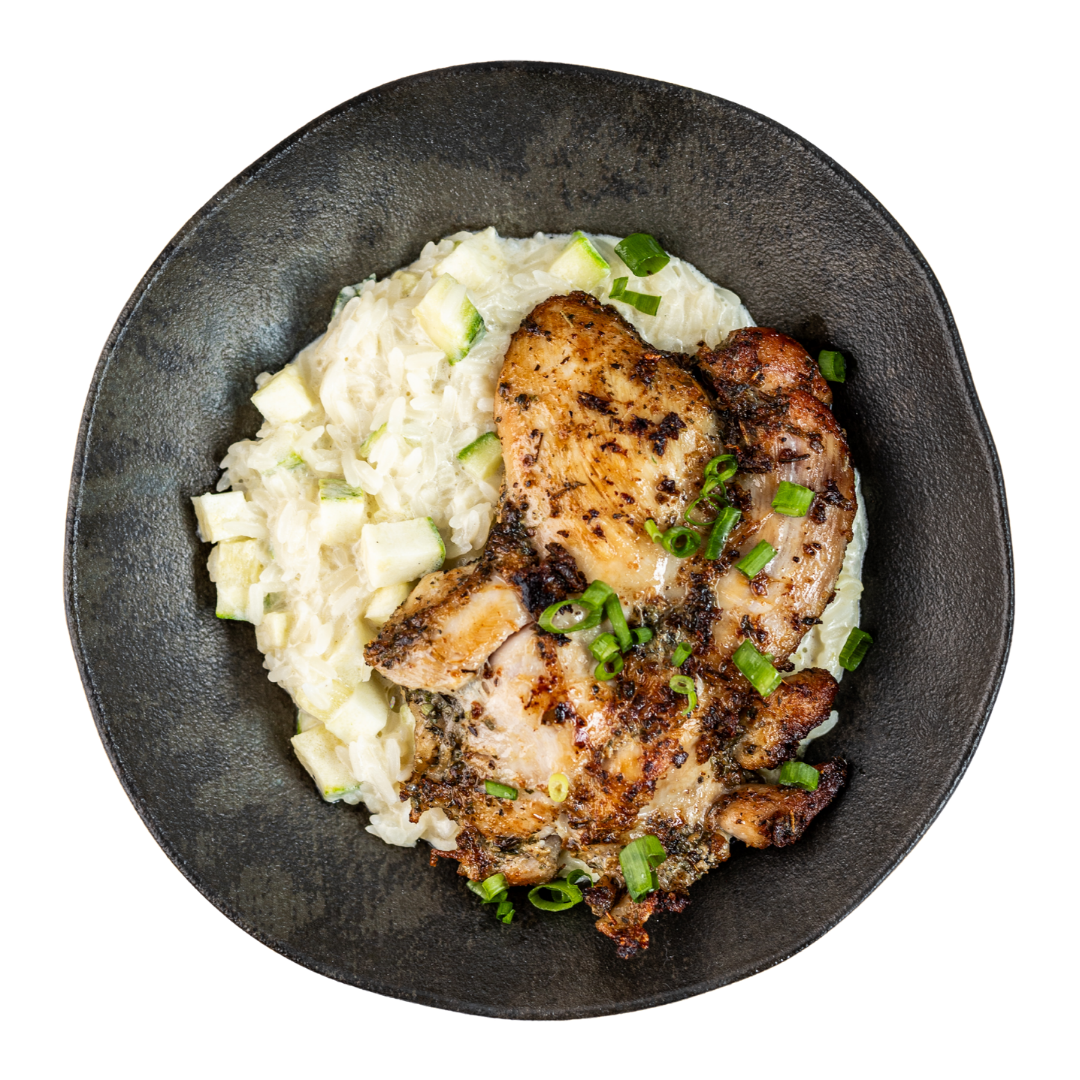 Sobrecoxa Grelhada com Risoto de Abobrinha
